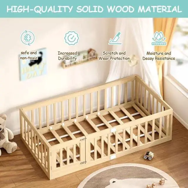 Alt view image 7 of 7 - Twin Montessori Floor Bed with High Guardrails and 2 Door Latch, Solid Wood Toddler Bed Frame with 10 Slats and Supporting keel, Low-to-Floor for Crib-to-Bed Transition, Natural