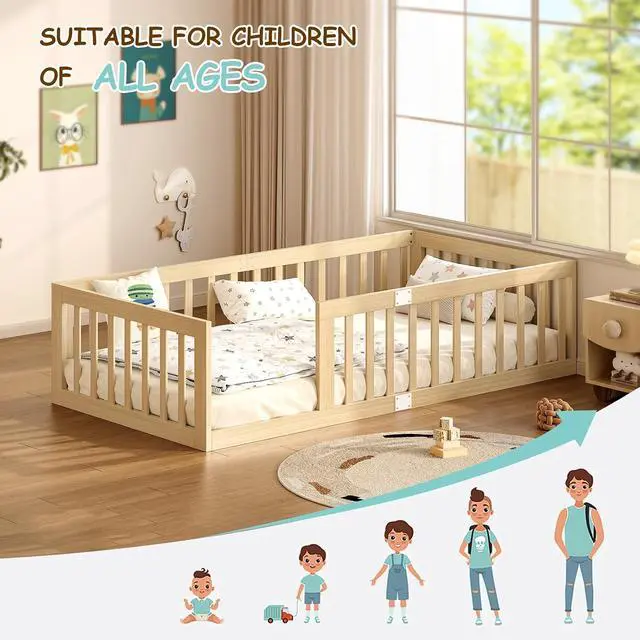 Alt view image 5 of 7 - Twin Montessori Floor Bed with High Guardrails and 2 Door Latch, Solid Wood Toddler Bed Frame with 10 Slats and Supporting keel, Low-to-Floor for Crib-to-Bed Transition, Natural