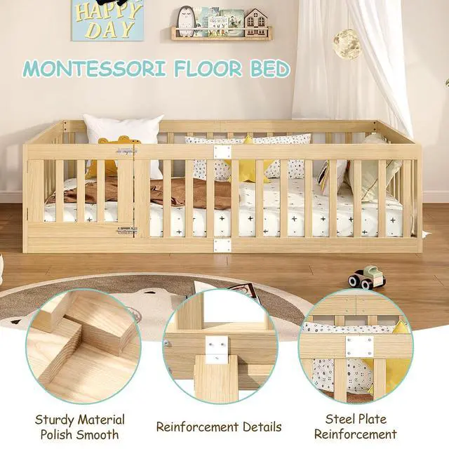 Alt view image 6 of 7 - Twin Montessori Floor Bed with High Guardrails and 2 Door Latch, Solid Wood Toddler Bed Frame with 10 Slats and Supporting keel, Low-to-Floor for Crib-to-Bed Transition, Natural