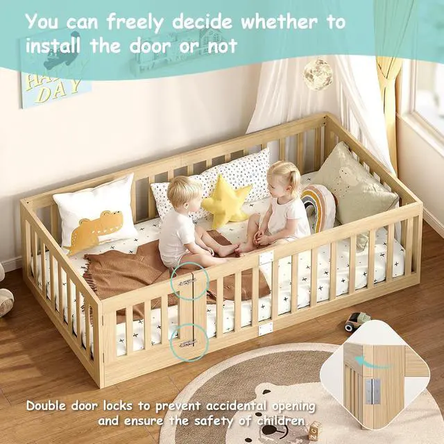 Alt view image 4 of 7 - Twin Montessori Floor Bed with High Guardrails and 2 Door Latch, Solid Wood Toddler Bed Frame with 10 Slats and Supporting keel, Low-to-Floor for Crib-to-Bed Transition, Natural