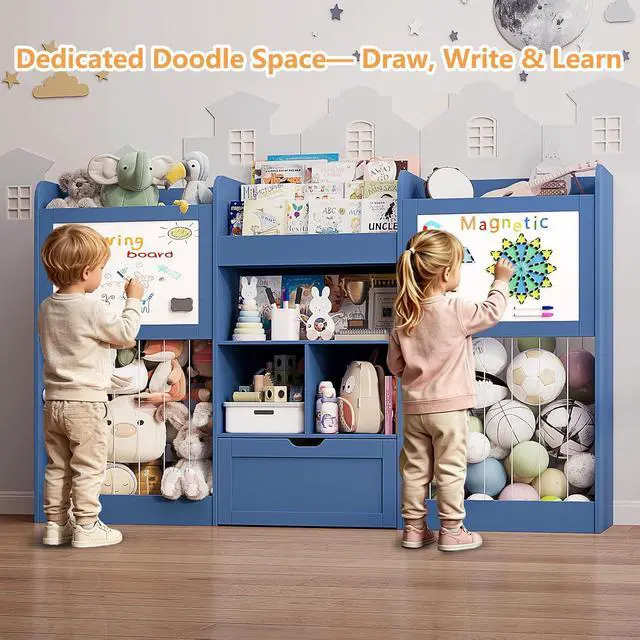 Alt view image 2 of 7 - 70.8"W Toy Organizers, 3-Tier Bookshelf with 2 Magnetic Drawing Boards