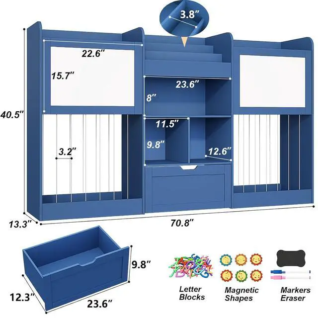 Alt view image 3 of 7 - 70.8"W Toy Organizers, 3-Tier Bookshelf with 2 Magnetic Drawing Boards