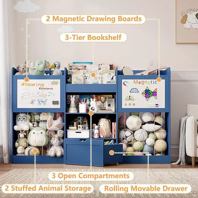 Alt view image 6 of 7 - 70.8"W Toy Organizers, 3-Tier Bookshelf with 2 Magnetic Drawing Boards