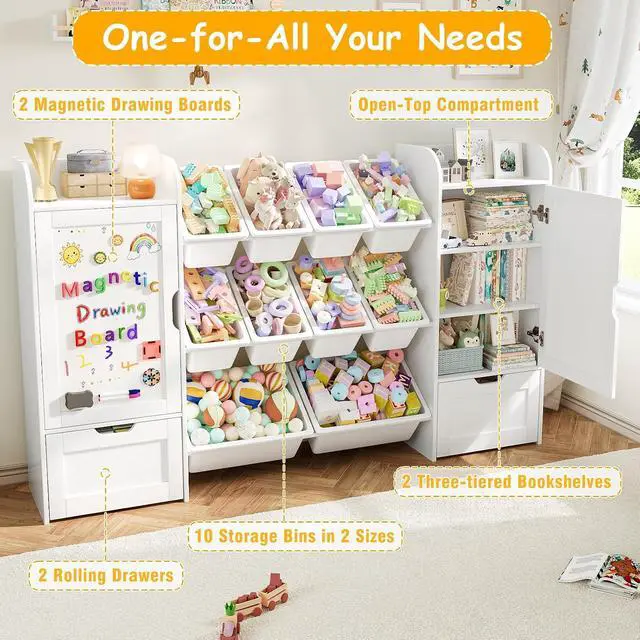 Alt view image 4 of 7 - 66" W Toy Organizer with 10 Toy Bins, Wooden Kids Bookshelf and Toy Storage