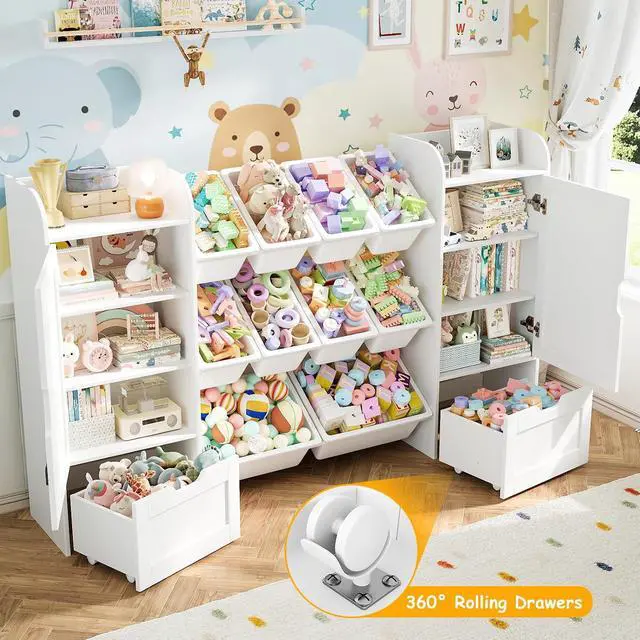 Alt view image 7 of 7 - 66" W Toy Organizer with 10 Toy Bins, Wooden Kids Bookshelf and Toy Storage