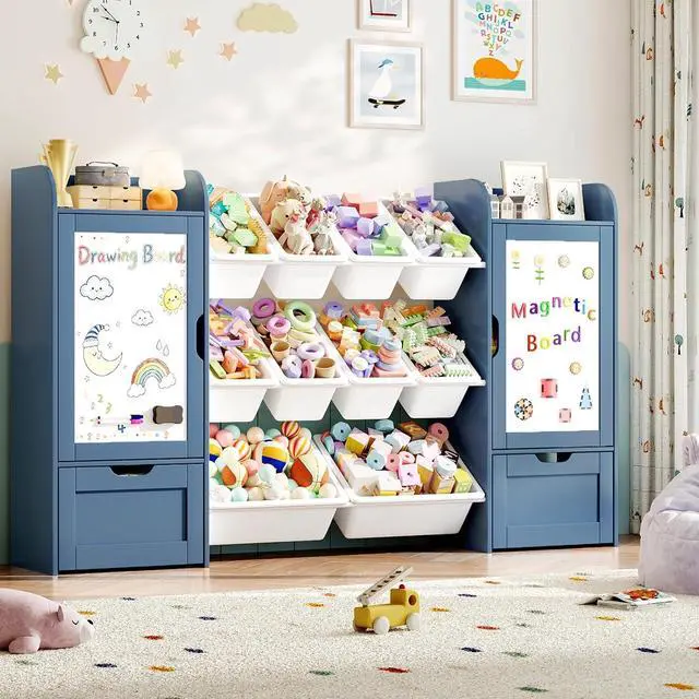 Alt view image 2 of 7 - 66" W 5-in-1 Kids Bookshelf and Toy Storage with Magnetic Drawing Boards