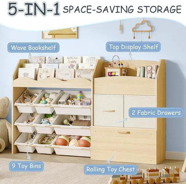 Alt view image 4 of 7 - Kids Toy Storage Organizer, Scalloped Shelf, 9 Bins, Toy Chest