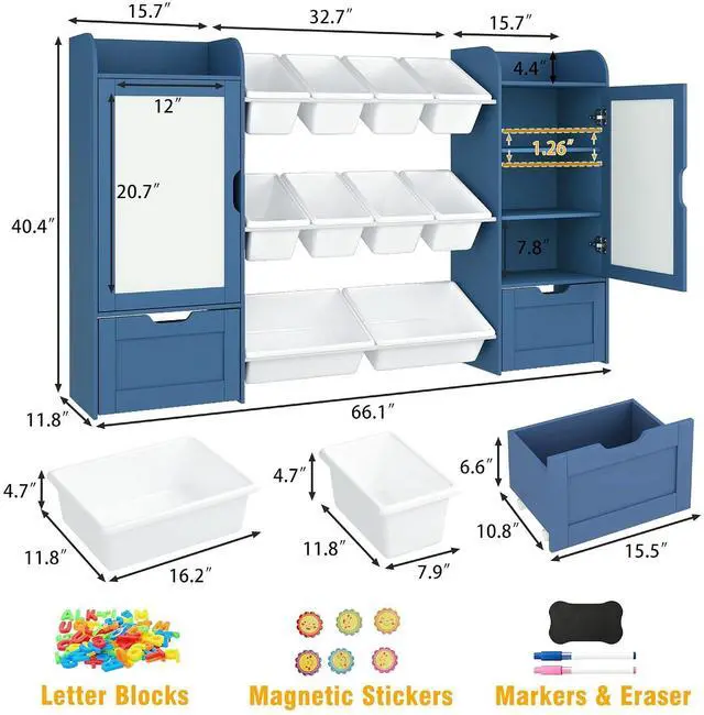 Alt view image 3 of 7 - 66" W 5-in-1 Kids Bookshelf and Toy Storage with Magnetic Drawing Boards