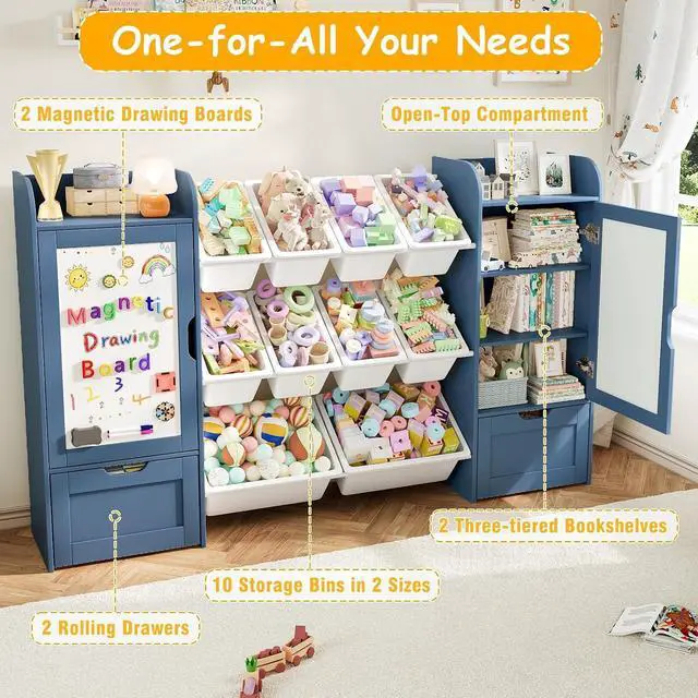 Alt view image 4 of 7 - 66" W 5-in-1 Kids Bookshelf and Toy Storage with Magnetic Drawing Boards