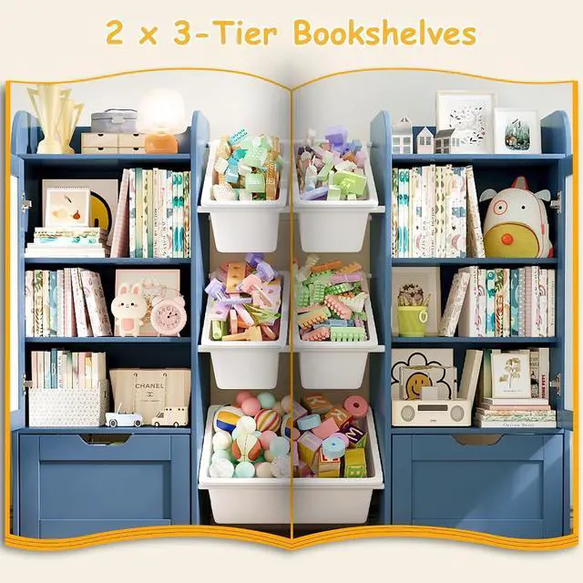 Alt view image 6 of 7 - 66" W 5-in-1 Kids Bookshelf and Toy Storage with Magnetic Drawing Boards