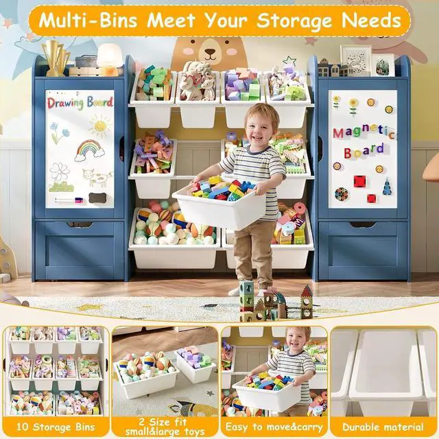 Alt view image 5 of 7 - 66" W 5-in-1 Kids Bookshelf and Toy Storage with Magnetic Drawing Boards