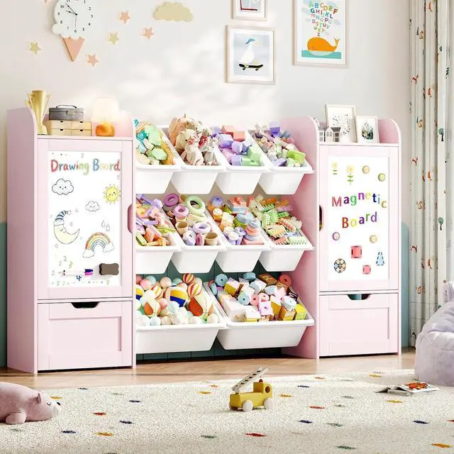 Alt view image 2 of 7 - 66" W Toy Storage with 10 Toy Bins, 6-Cube Kids Bookshelf, Wooden