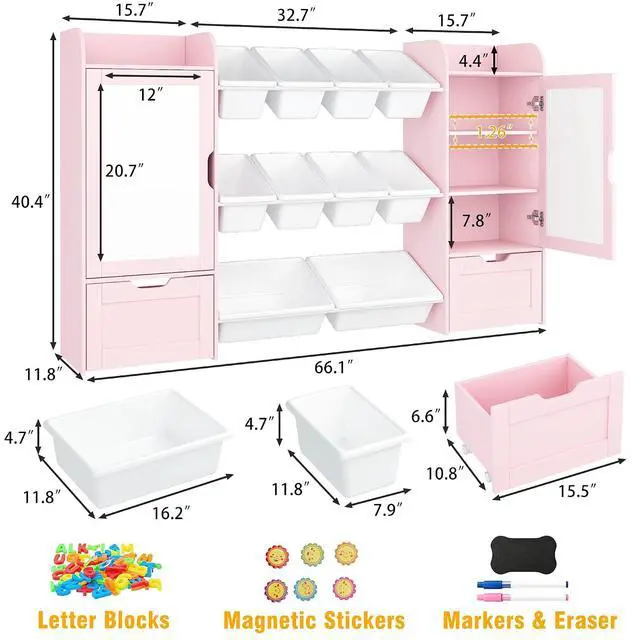 Alt view image 3 of 7 - 66" W Toy Storage with 10 Toy Bins, 6-Cube Kids Bookshelf, Wooden