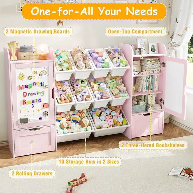 Alt view image 4 of 7 - 66" W Toy Storage with 10 Toy Bins, 6-Cube Kids Bookshelf, Wooden