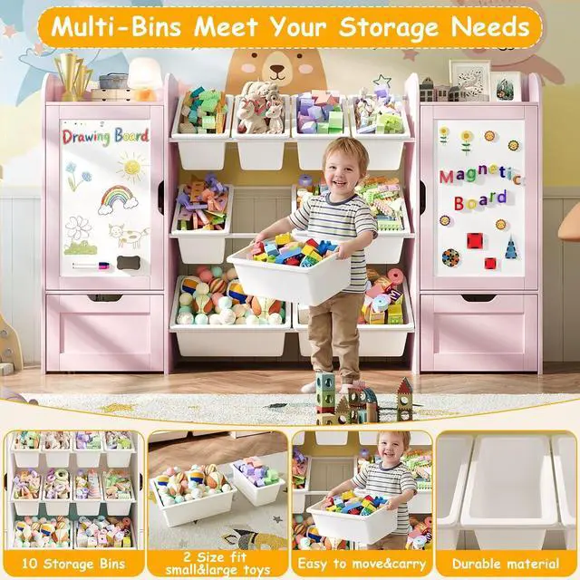Alt view image 5 of 7 - 66" W Toy Storage with 10 Toy Bins, 6-Cube Kids Bookshelf, Wooden