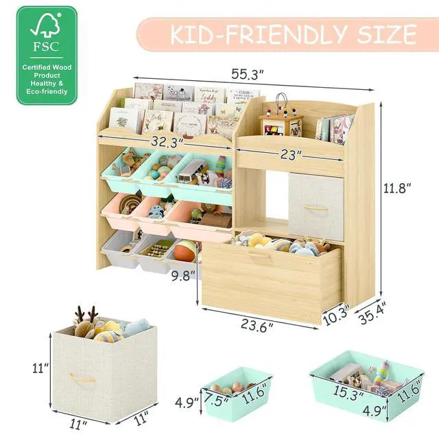 Alt view image 2 of 7 - 5-in-1 Toy Organizer, Scalloped Shelf, Toy Chest, 9 Color Bins