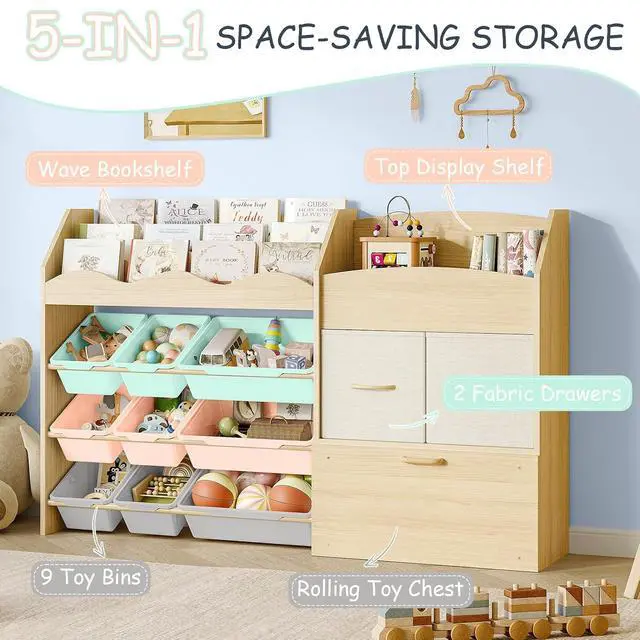 Alt view image 3 of 7 - 5-in-1 Toy Organizer, Scalloped Shelf, Toy Chest, 9 Color Bins