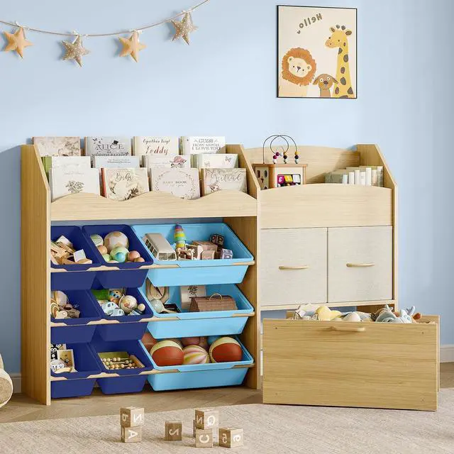 Main image of Kids Toy Organizer, Scalloped Shelf, 9 Blue Bins, Toy Chest