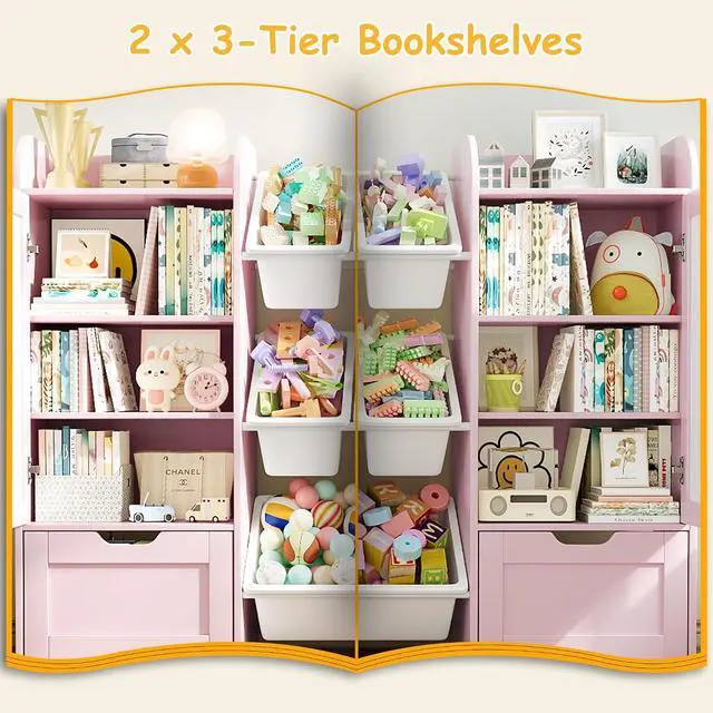 Alt view image 6 of 7 - 66" W Toy Storage with 10 Toy Bins, 6-Cube Kids Bookshelf, Wooden