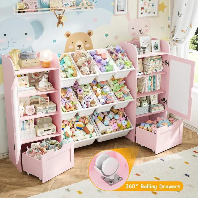 Alt view image 7 of 7 - 66" W Toy Storage with 10 Toy Bins, 6-Cube Kids Bookshelf, Wooden
