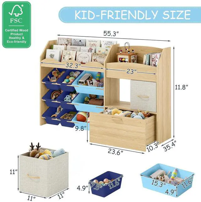 Alt view image 2 of 7 - Kids Toy Organizer, Scalloped Shelf, 9 Blue Bins, Toy Chest