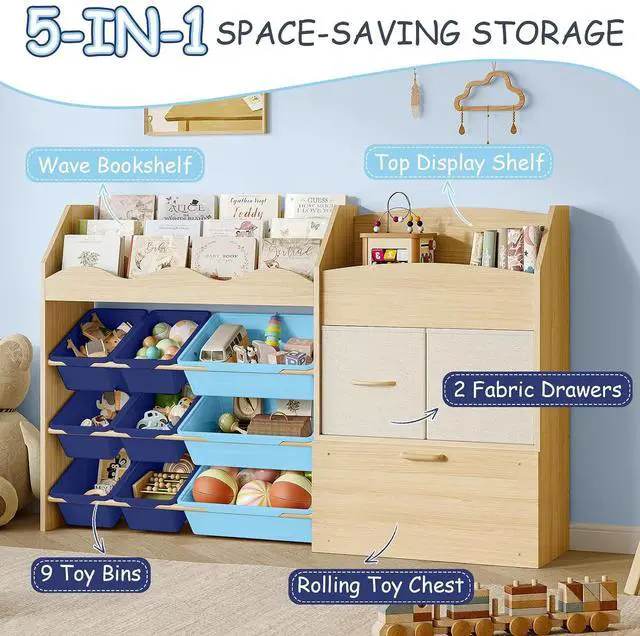 Alt view image 3 of 7 - Kids Toy Organizer, Scalloped Shelf, 9 Blue Bins, Toy Chest