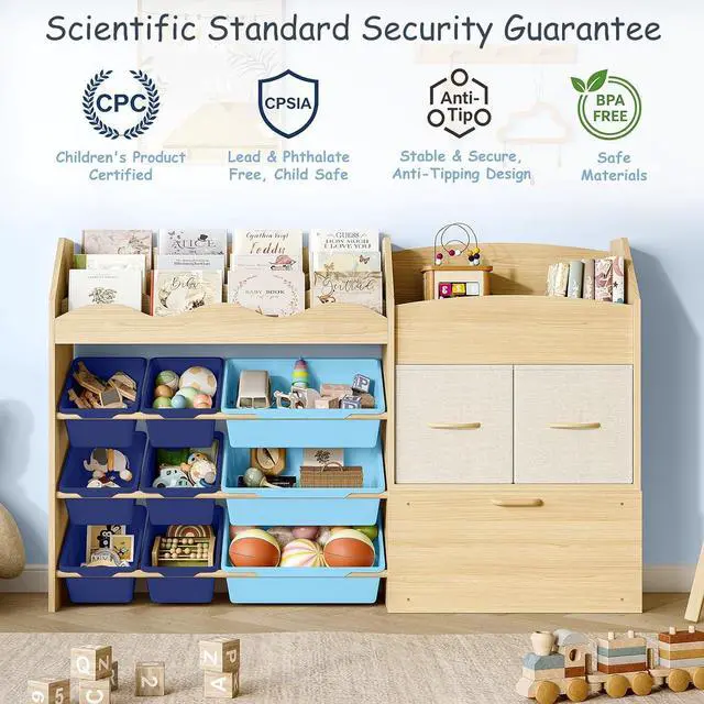 Alt view image 5 of 7 - Kids Toy Organizer, Scalloped Shelf, 9 Blue Bins, Toy Chest