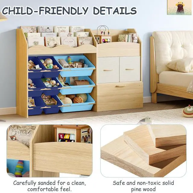Alt view image 6 of 7 - Kids Toy Organizer, Scalloped Shelf, 9 Blue Bins, Toy Chest