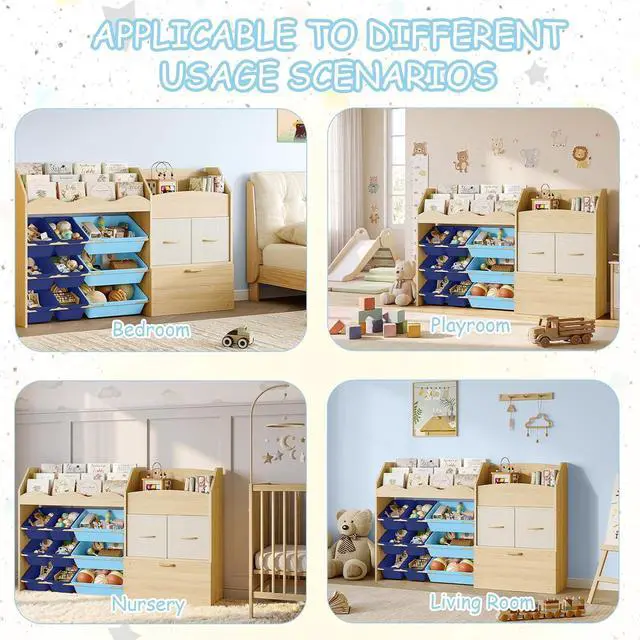 Alt view image 7 of 7 - Kids Toy Organizer, Scalloped Shelf, 9 Blue Bins, Toy Chest