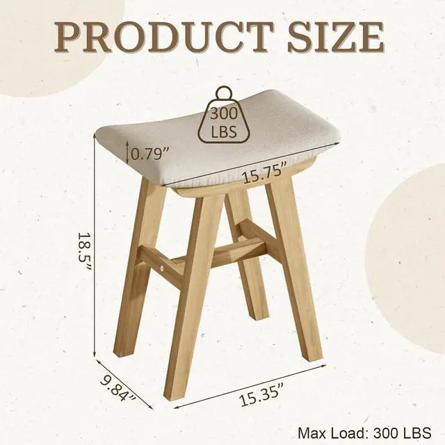 Alt view image 2 of 7 - Vanity Stool with Removable Easy-Clean Cover, Natural Wood Color