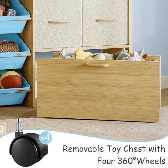 Alt view image 4 of 7 - Kids Toy Organizer, Scalloped Shelf, 9 Blue Bins, Toy Chest
