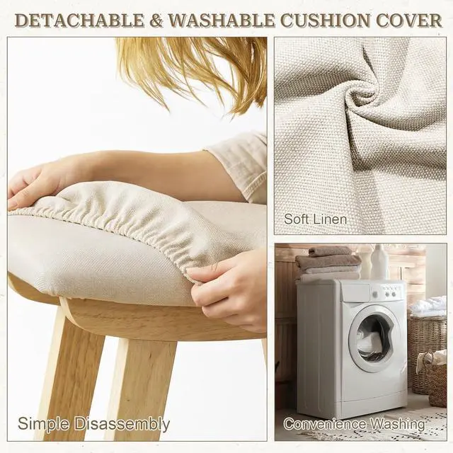 Alt view image 3 of 7 - Vanity Stool with Removable Easy-Clean Cover, Natural Wood Color