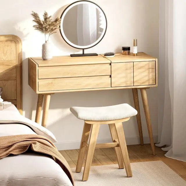 Alt view image 6 of 7 - Vanity Stool with Removable Easy-Clean Cover, Natural Wood Color