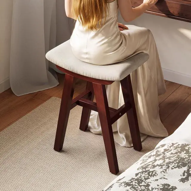 Alt view image 6 of 7 - Vanity Stool with Removable Easy-Clean Cover, Rubberwood, Walnut