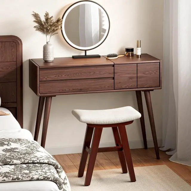 Alt view image 7 of 7 - Vanity Stool with Removable Easy-Clean Cover, Rubberwood, Walnut