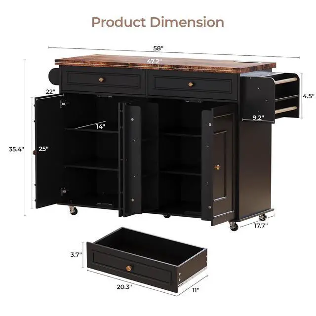 Alt view image 2 of 7 - 58" Kitchen Island with Power Outlet, Rolling Islands Cart, Black