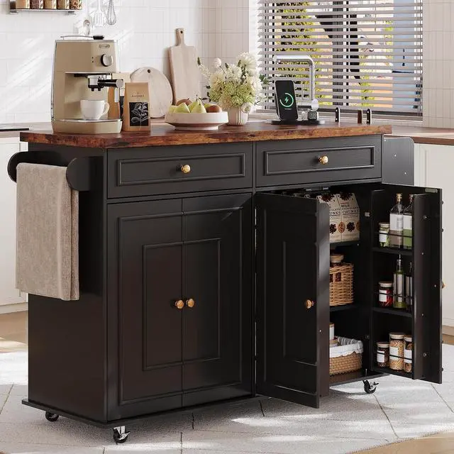 Main image of 58" Kitchen Island with Power Outlet, Rolling Islands Cart, Black