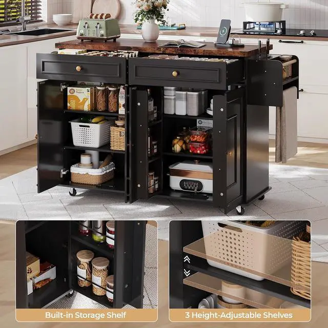 Alt view image 4 of 7 - 58" Kitchen Island with Power Outlet, Rolling Islands Cart, Black