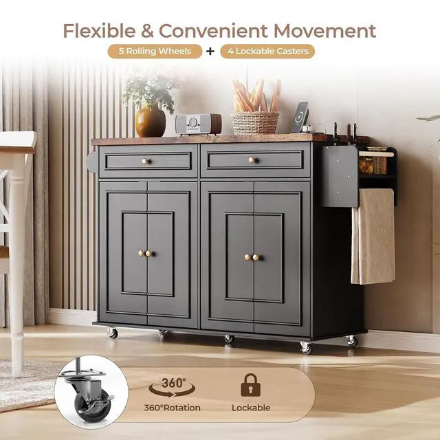 Alt view image 5 of 7 - 58" Kitchen Island with Power Outlet, Rolling Islands Cart, Black