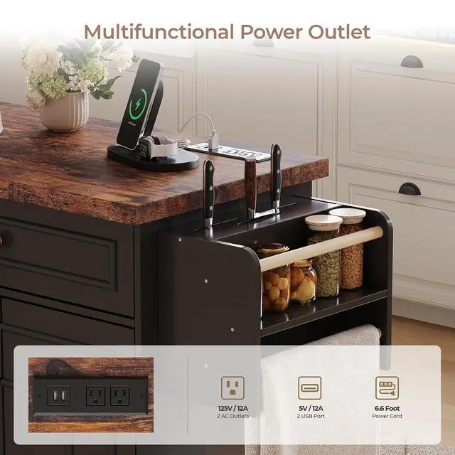 Alt view image 6 of 7 - 58" Kitchen Island with Power Outlet, Rolling Islands Cart, Black