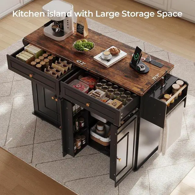 Alt view image 3 of 7 - 58" Kitchen Island with Power Outlet, Rolling Islands Cart, Black