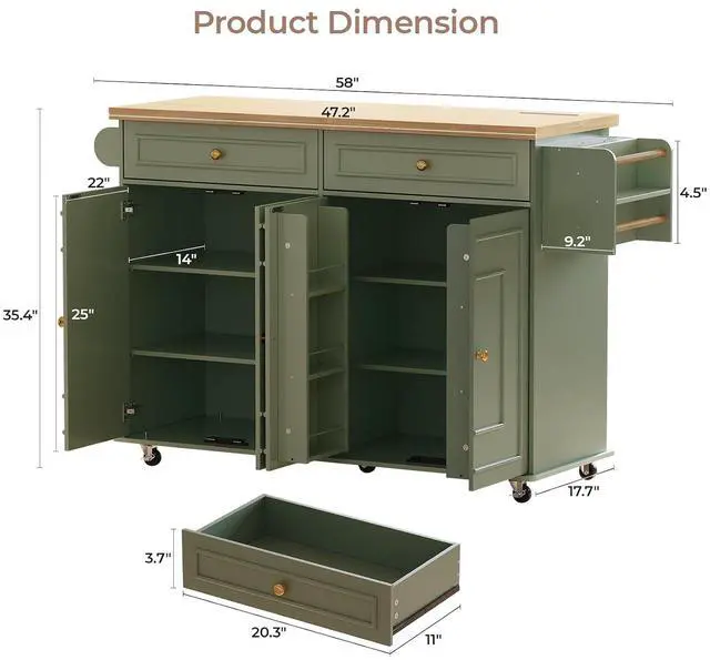 Alt view image 2 of 7 - 58" Kitchen Island with Power Outlet, Rolling Islands Cart, Green