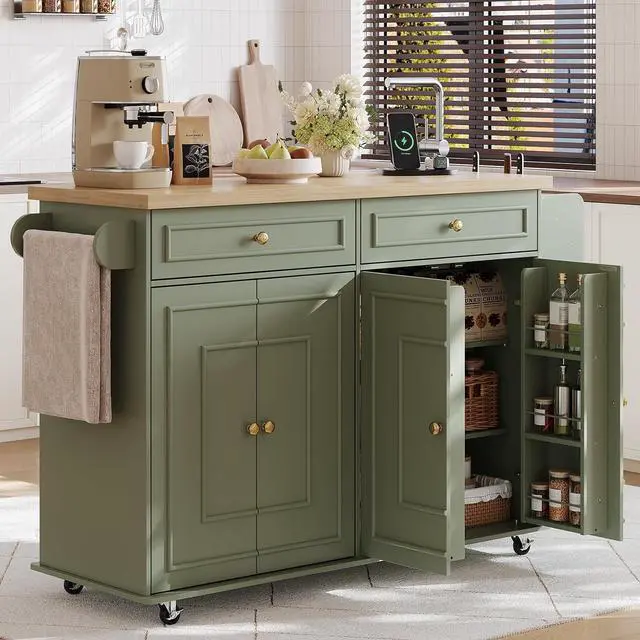 Main image of 58" Kitchen Island with Power Outlet, Rolling Islands Cart, Green