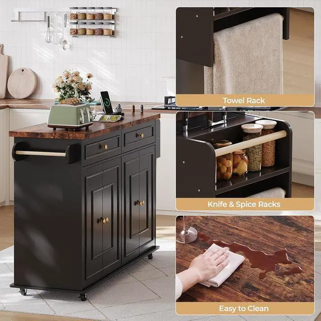 Alt view image 7 of 7 - 58" Kitchen Island with Power Outlet, Rolling Islands Cart, Black