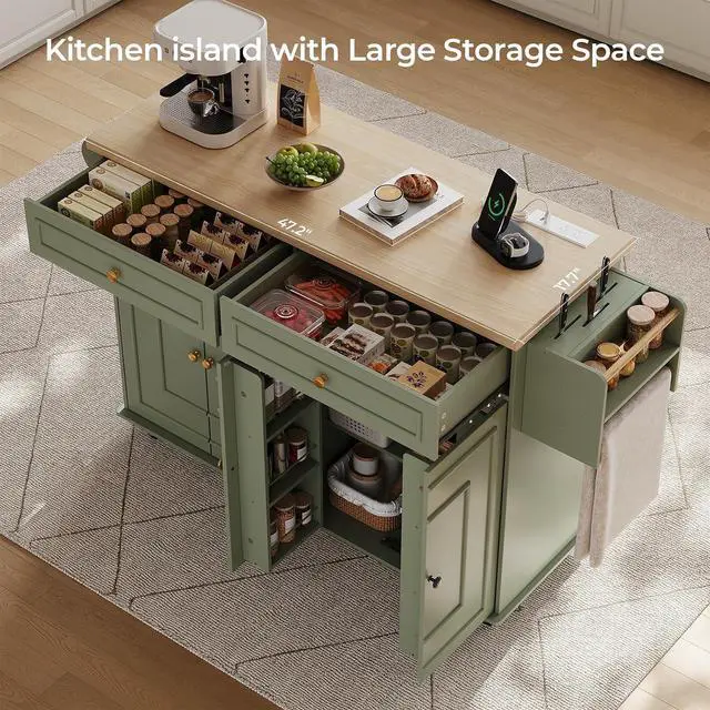 Alt view image 3 of 7 - 58" Kitchen Island with Power Outlet, Rolling Islands Cart, Green