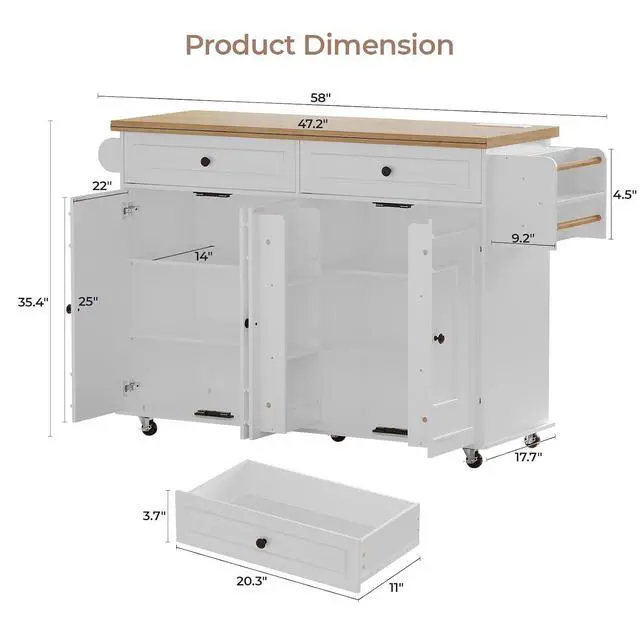 Alt view image 2 of 7 - 58" Kitchen Island with Power Outlet, Rolling Islands Cart, White