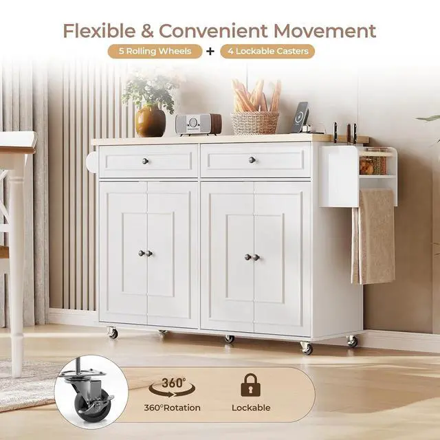 Alt view image 5 of 7 - 58" Kitchen Island with Power Outlet, Rolling Islands Cart, White