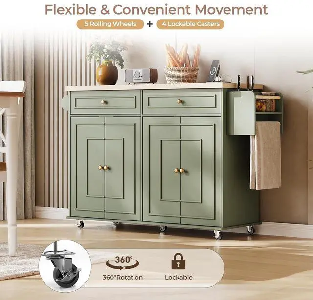 Alt view image 5 of 7 - 58" Kitchen Island with Power Outlet, Rolling Islands Cart, Green