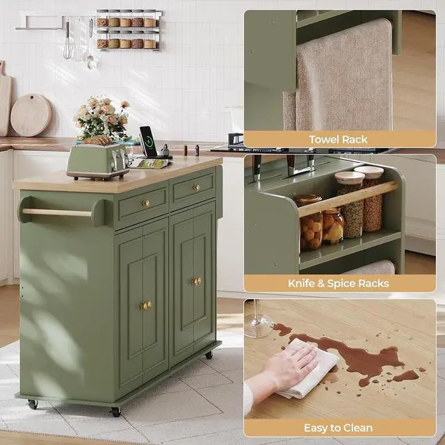 Alt view image 7 of 7 - 58" Kitchen Island with Power Outlet, Rolling Islands Cart, Green