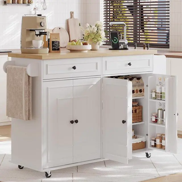 Main image of 58" Kitchen Island with Power Outlet, Rolling Islands Cart, White